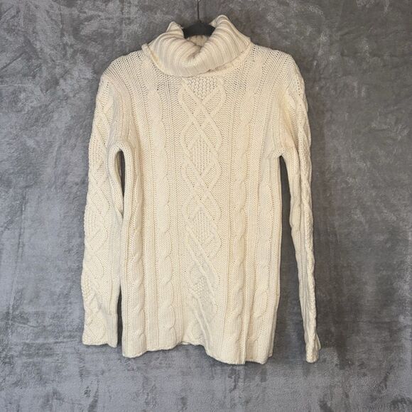Eddie Bauer Women's Ivory Cable Knit Turtleneck Wool Sweater Sz Med Fisherman - Picture 1 of 9